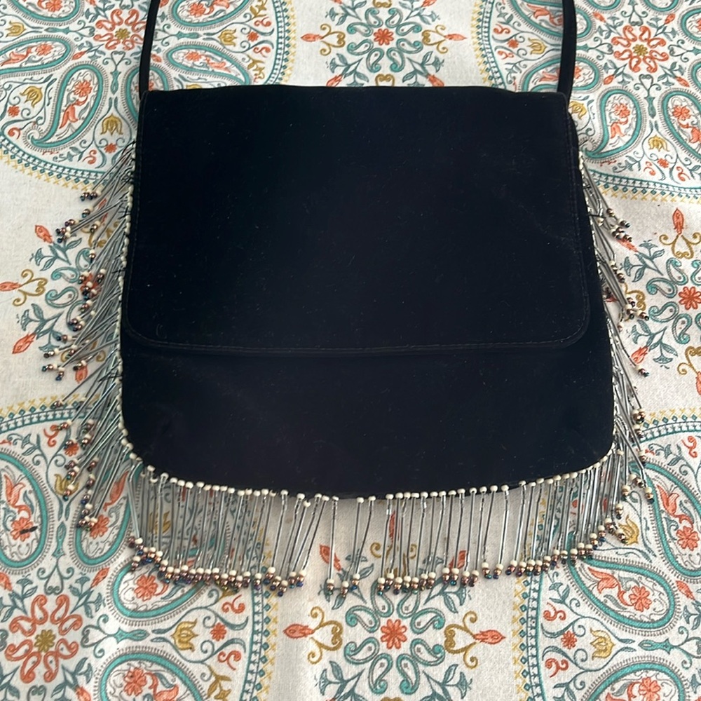 Moschino ladies black velvet beach fringe BOHO bag/Vintage-Wedding-Party